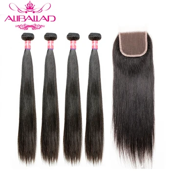 

Aliballad Brazilian Straight Hair 4 Bundles With Closure Remy Hair Weave 4x4 Swiss Lace 100% Human Hair Bundles With Closure