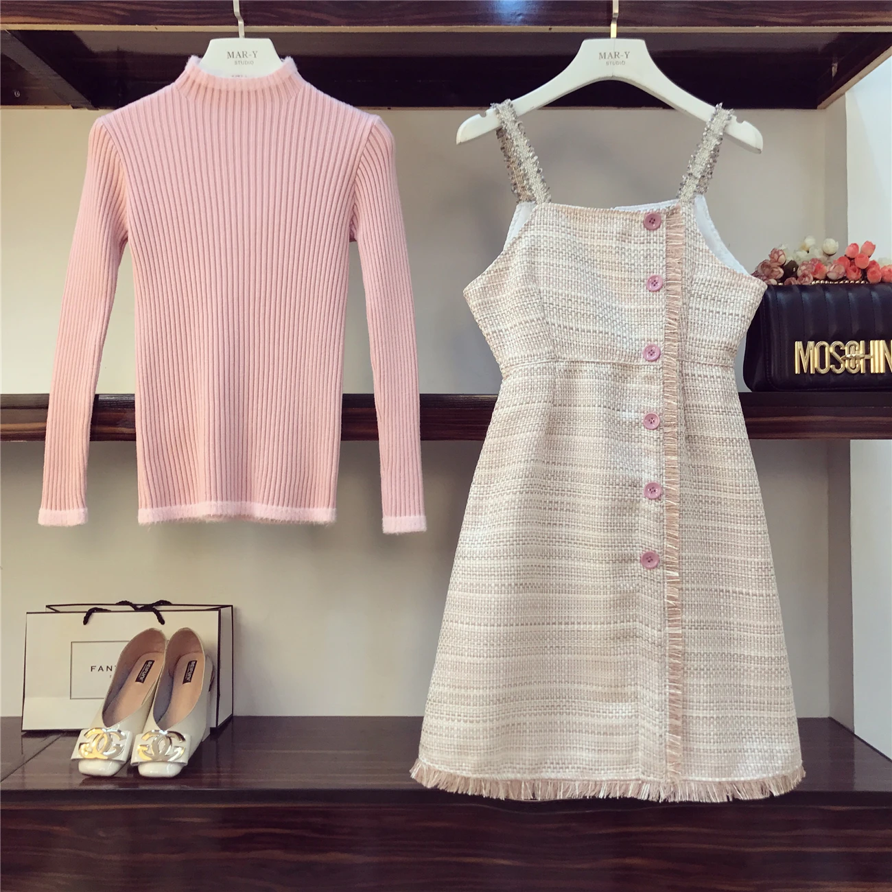 2piece Set Women New Autumn Pink Knitting Shirt+ Woolen Dress Girls Ladies Strap Dress Set Small Fragrance Vestidos Mujer