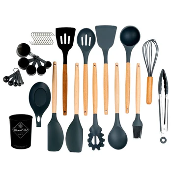 

24pcs/set Spatula Silicone Kitchen Utensil Non Stick Storage Bucket Food Clip Heat Resistant Wooden Handle Chef Cooking Tools