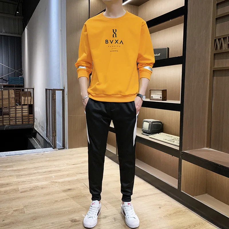 

Casual Trend Two-Piece Set Men Hoodie Suit Crew Neck Simple Handsome Collocation 2019 Autumn Clothing Sports Coat Men's