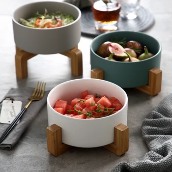 

Creative Salad Dessert Bowl Fruit Bowl Nordic Home Kitchen Tableware Wooden Feet Base Personality Ceramic Bowl