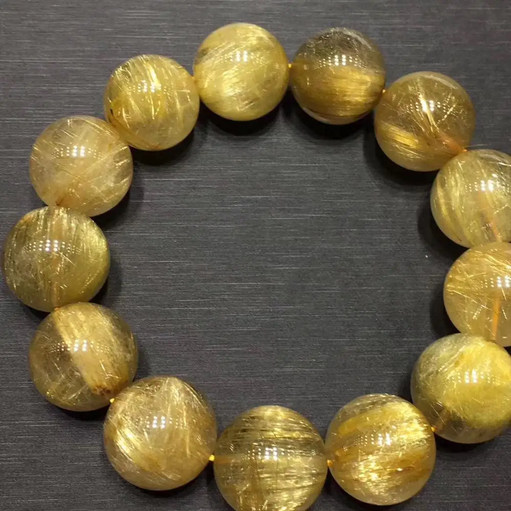 

17mm Genuine Natural Brazil Gold Rutilated Bracelet For Woman Man Crystal Titanium Stretch Round Beads Stone Fine Jewelry AAAAA