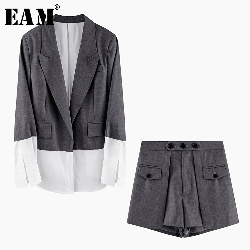 

[EAM] 2020 New Spring Autumn Lapel Long Sleeve Gray Hit Color Loose Wide Leg Pants Two Piece Suit Women Fashion Tide JW010
