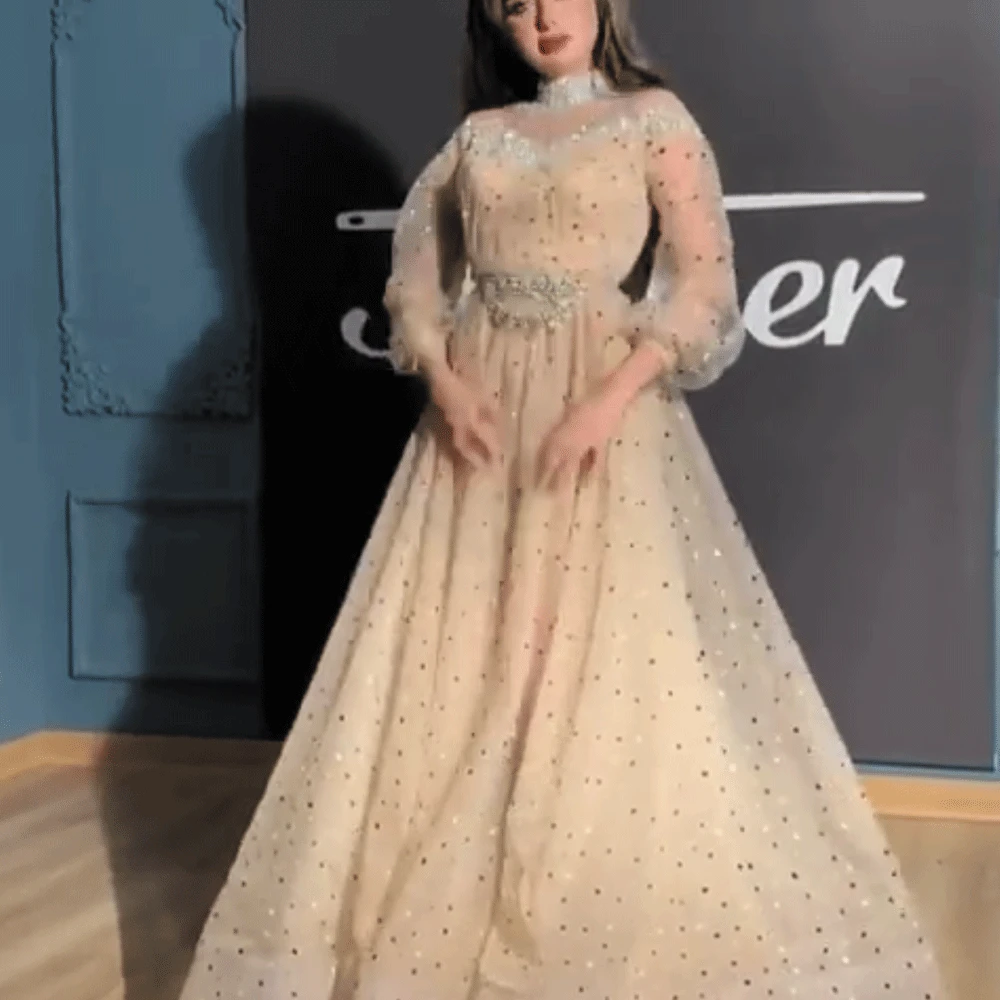 SuperKimJo Robe De Soiree Высокая шея сверкающие платья для выпускного вечера кристаллы бисером элегантное шампанское Дубай Пром Платье Vestido De Fiesta