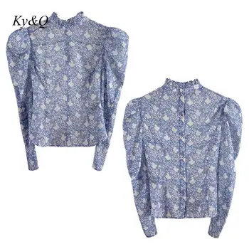 

2020 Summer Fashion Women Ruffles Stand Collar Floral Print Vintage Bubble Sleeve Button Long Sleeve Shirt Blouse Clothes