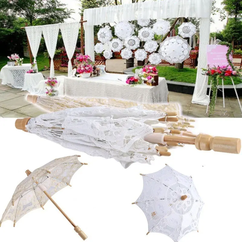 Bride Wedding Lace Umbrella 2021 Pure White Embroidered European Style Wooden Handle Wedding Props Wedding Decoration Umbrella