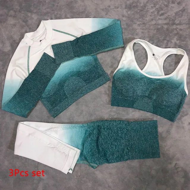 Green3pcsset 3 шт. эффектом деграде(переход от темного к Бесшовные Йога Комплект Высокая Талия Леггинсы спортивный бюстгальтер с длинным рукавом кроп Топ Для женщин бега спортивная одежда Фитнес спортивный костюм - Цвет: Green3pcsset