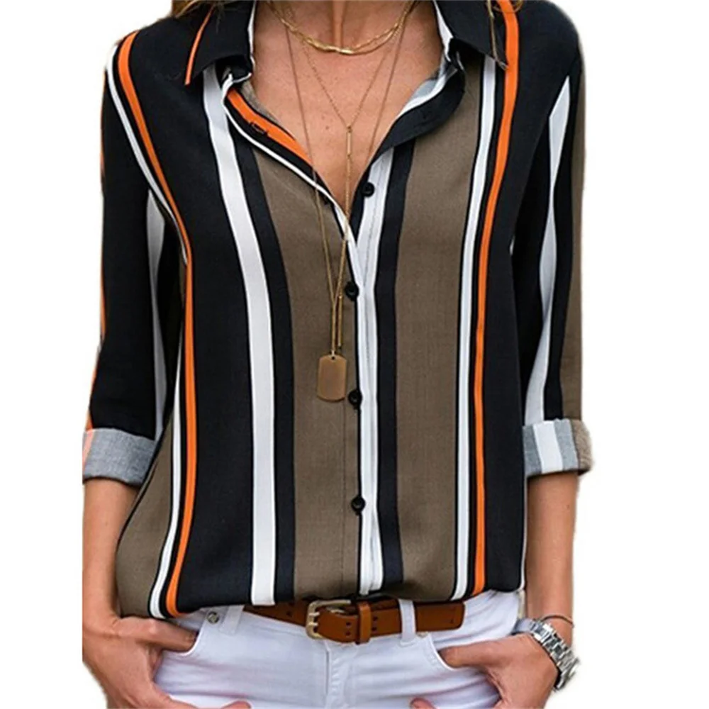 Womens Striped Print Tops Color Casual V-Neck Long-Sleeve Chiffon Shirt Daily Wear Fashion Ladies Shirts Slim Streetwear Blouse