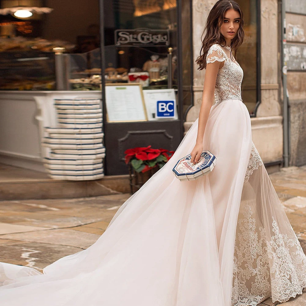 Великолепные Свадебные платья русалки с рукавами-крылышками, шампанского, свадебное платье со съемной юбкой кружевное подвенечное платье