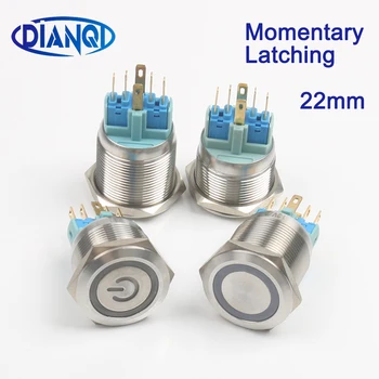 

22mm Power mark with illumination light Push Button Switch waterproof switch momentary latching stainless steel 6pin terminal