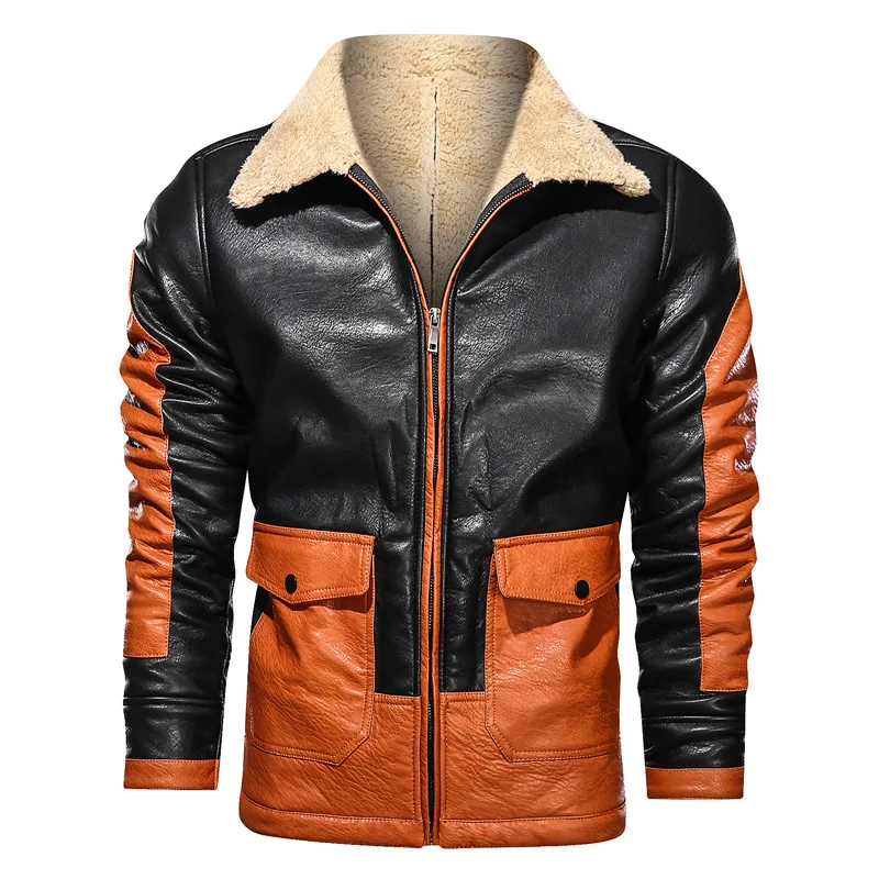 

Euro Size Pop Pop Leather Jacket Men Winter Fleece Wool Liner Pu Jackets Coats Fashion Men Contrast Color Pocket Cargo Jacket