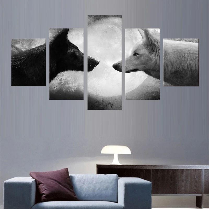 5 шт. черный волк Белый Волк картина масляными красками пейзаж холст из частей