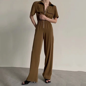 

New Summer Unique Design High Street Handsome Style Short Sleeve Elastic High Waist Zipper 3 Colors Quality Jumpsuits