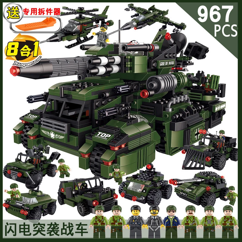 

WW2 Military 8 in 1 Combat Zones 967PCS Vehicle Helicopter Building Blocks Figures Technic Diy Toy For Boys Children Gift