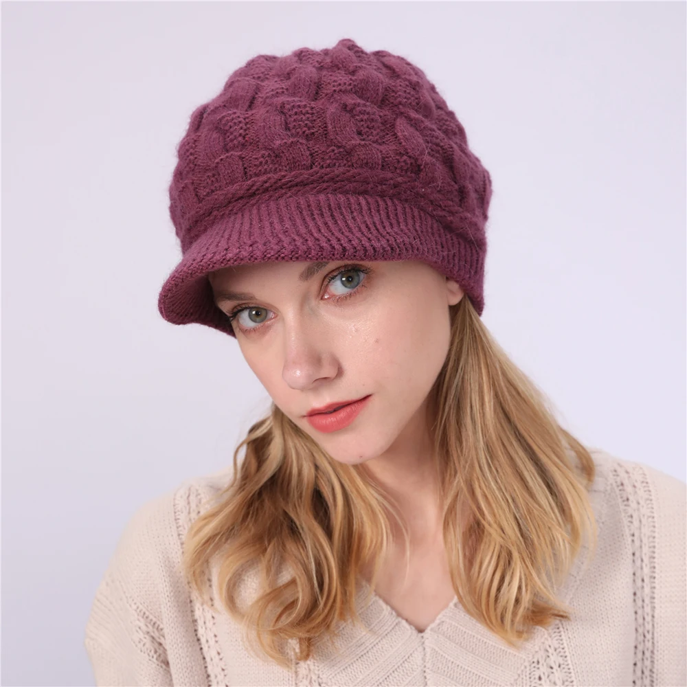 Новая модная женская зимняя теплая вязаная шапка с козырьком, вязанная крючком, Мешковатые шапочки, шапочки черного, бежевого, красного, розового цвета