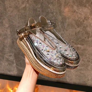 

XMWRLW Women Platform Shoes Fashion Rhinestone Breathable Lace Female Sandals 2020 Summer Women Thick Sole Fashion Sandals