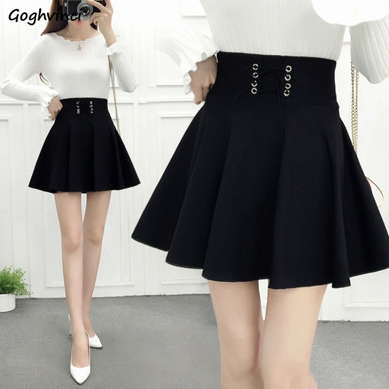 

Skirts Women Summer Lace-up Black A-line Tutu-skirt Preppy-style Pleated Students All-match Elegant Simple High-waist Trendy New