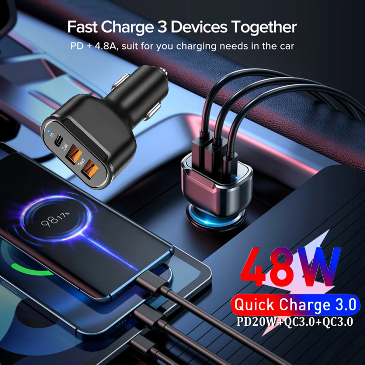 Автомобильное зарядное устройство 48 Вт быстрая зарядка QC 3 0 PD для Macbook iPad Pro USB Type C
