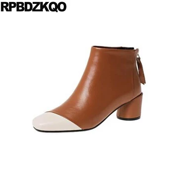 

Winter Square Toe Patchwork Block Luxury Short Brown Fur Chunky Booties 2019 Genuine Leather Shoes Women Ankle Boots Medium Heel