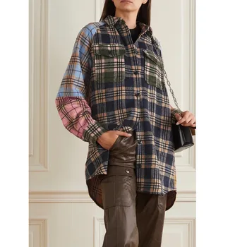 

2020 Winter New Pattern Casual and Versatile Tide Color Stitching Plaid Shirt Woolen Coat Lapel Pocket Loose Shirt for Women