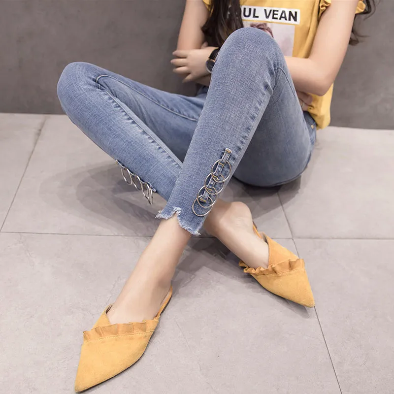 Spring and autumn pants female students black jeans Korean high waisted Leggings all kinds of thin pants with fur edge