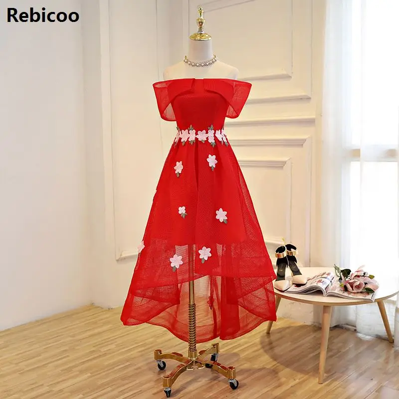 Лодочка шеи размера плюс вечерние с коротким рукавом платье для выпускного Тюль с бисером Цветы Асимметричный Vestidos De Bail - Цвет: Красный