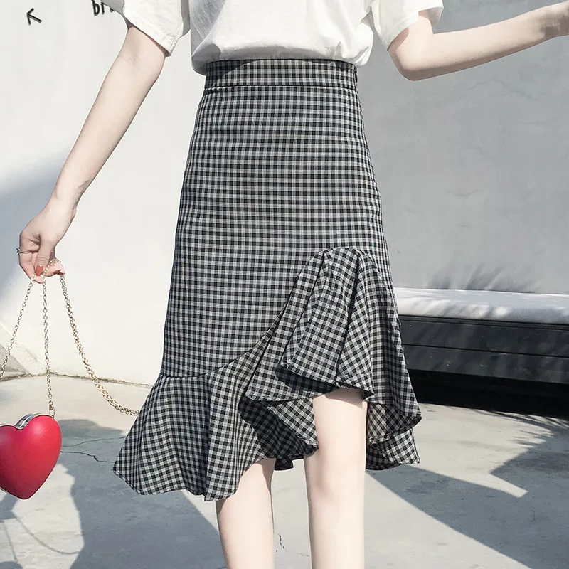 

Women Skirt 2020 Summer Plaid Irregular Skirt Ruffle High Waist Midi Long Skirt Womans Harajuku Vintage Skirt Jupe Taille Haute