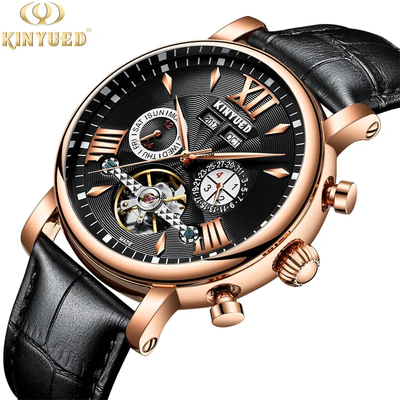 

KINYUED Black Tourbillon watch Men Automatic Mechanical watch Multifunction Calendar Watches Man Luminous Waterproof Clock steel
