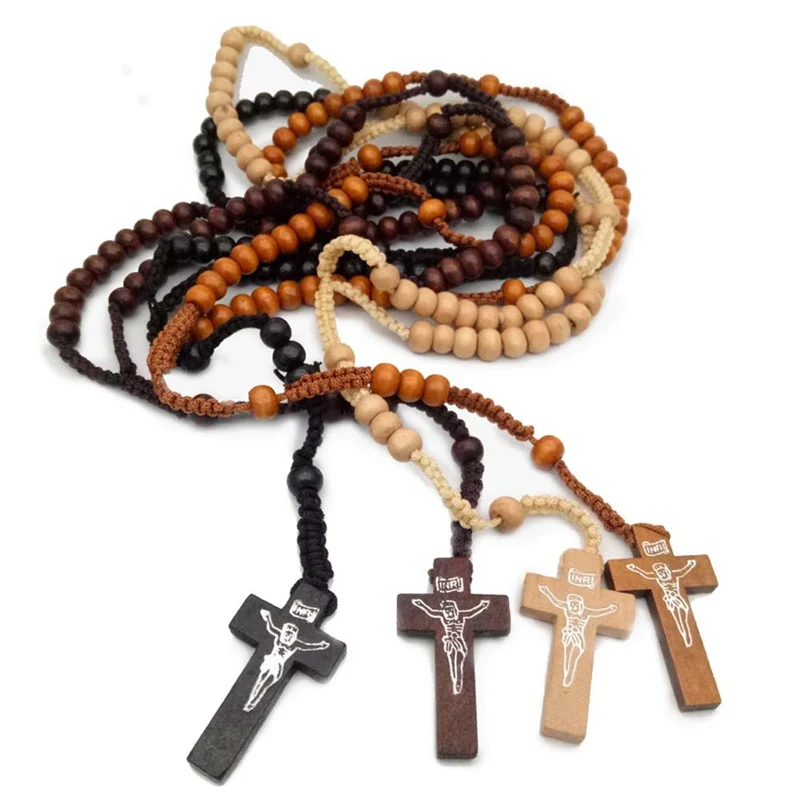 Fashion Retro Style Men Women Catholic Christ Wooden Rosary Bead Cross Pendant Woven Rope Necklace