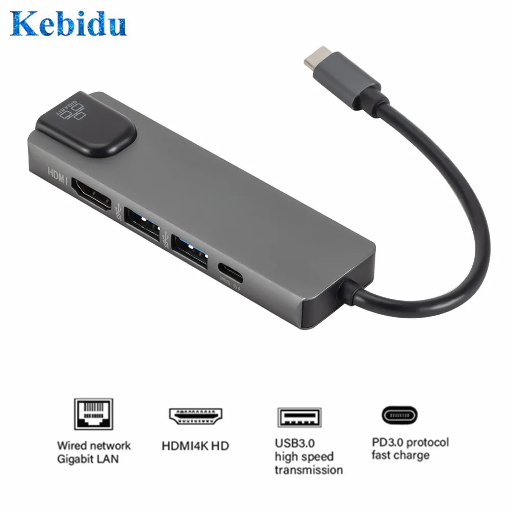 

KEBIDU Hdmi 4K USB C Hub to Gigabit Ethernet Rj45 Lan Adapter 5 in 1 USB Type C Hub for Mac book Pro Thunderbolt 3 USB-C Charge