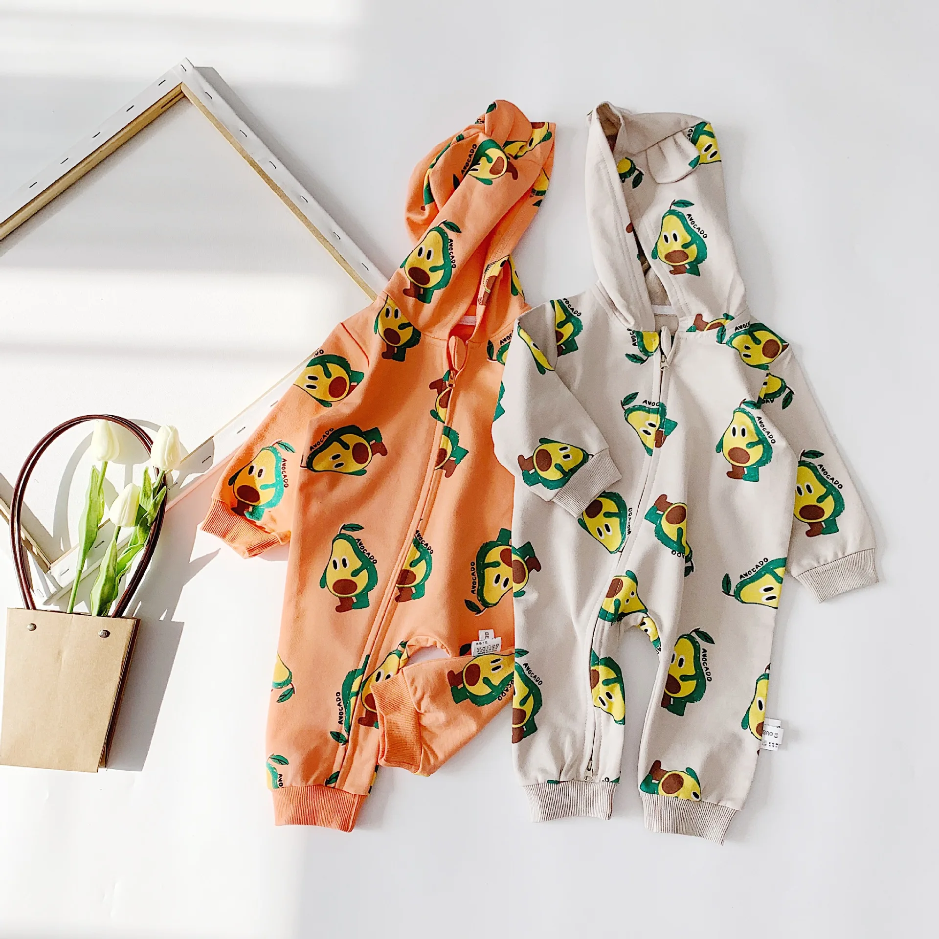 Autumn infant kids cute avocado printing hooded rompers baby boys girls cotton zipper long sleeve jumpsuits