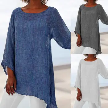 

Large size t shirt women long-sleeved O-neck T-shirt casual loose irregular linen solid color pullover shirt