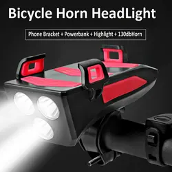 Lumière de vélo Rechargeable par USB, klaxon de vélo, support de téléphone, batterie externe, Scooter, éclairage de nuit, phare d'avertissement 