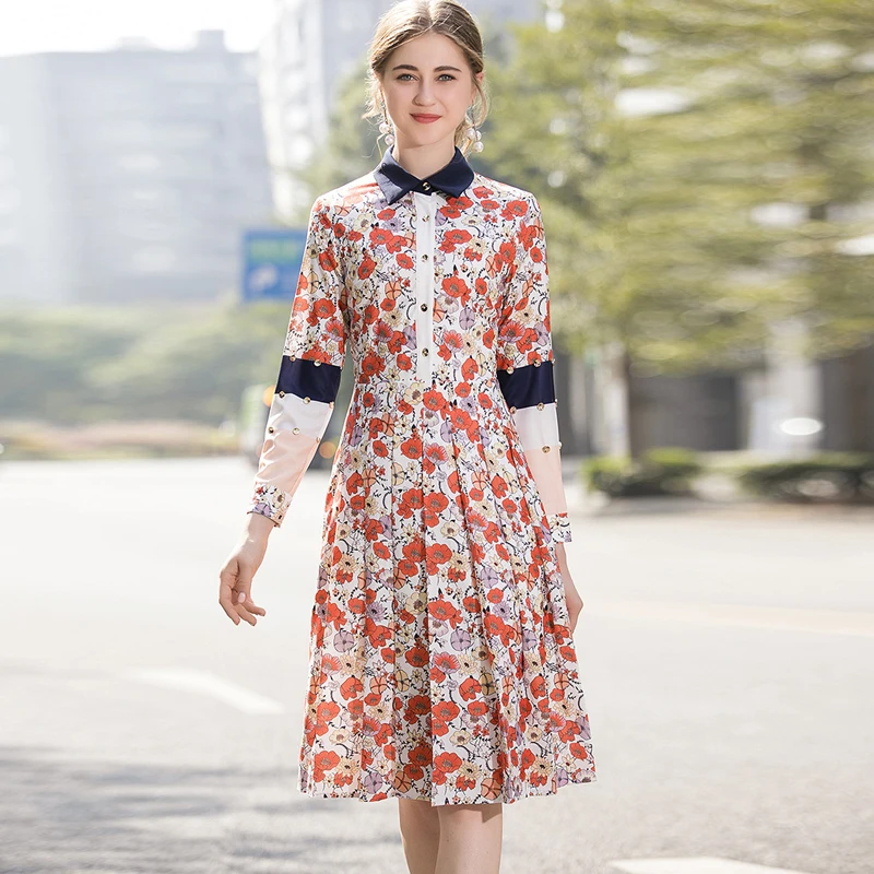 Women's Runway Dresses Turn Down Collar Long Sleeves Floral Printed Buttons Detailing High Street Fashion Casual | Женская одежда