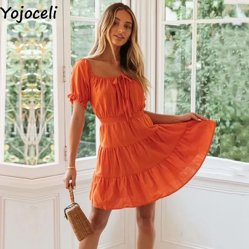Yojoceli элегантное Плиссированное короткое платье с рюшами женское летнее сексуальное пляжное платье с бантом повседневное классное милое Повседневное платье vestidos