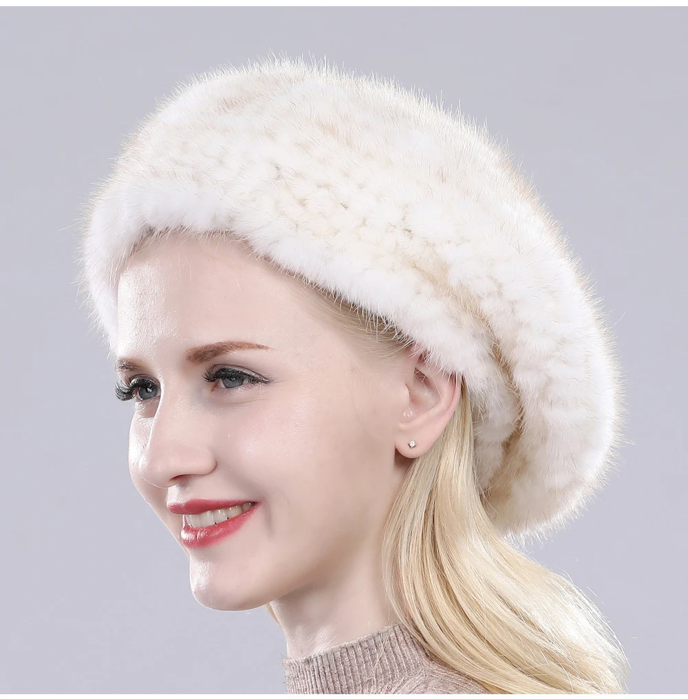 Hot Sale Russia Women Winter Real Mink Fur Berets Hat Hand Knitted Real Natural Mink Fur Cap Lady Luxury Real Mink Fur Hats