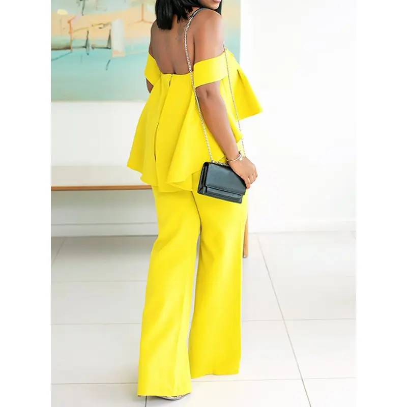 Sexy Off Shoulder Wide Leg Jumpsuit Women Long Overalls Ruffle Party Stylish Backless Yellow High Waist Causal Jumpsuits Female