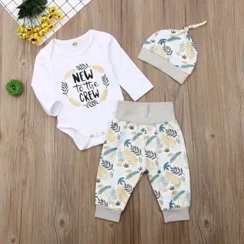 

0-24M 3pcs Baby Clothes Set White Long Sleeve Baby Romper Set Leaves Print Long Pants Kids Hats Infant Set Kid Baby Girls Outfit