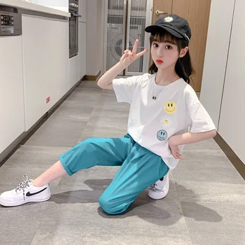 

Kids Girls Clothing Sets Summer Children's Tracksuit White T Shirts + Pants 2pcs Suits Teenagers Girls Outfits 3 4 5 12 14 Years