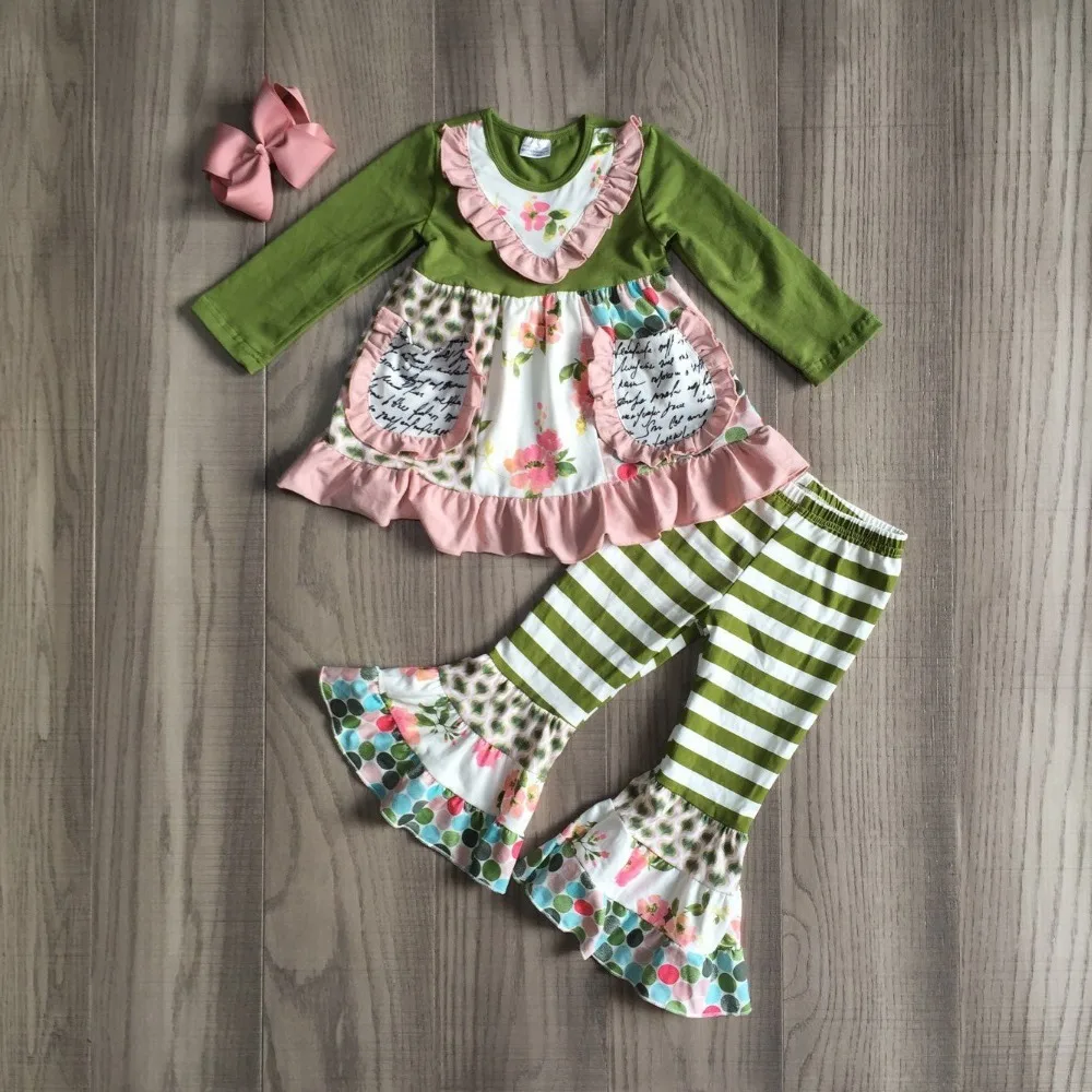 Детская одежда для девочек осенняя одежда для девочек платье с цветочным рисунком с брюки-клеш для маленьких детей детская одежда из бутика с детская одежда с бантом зеленого цвета в комплекте