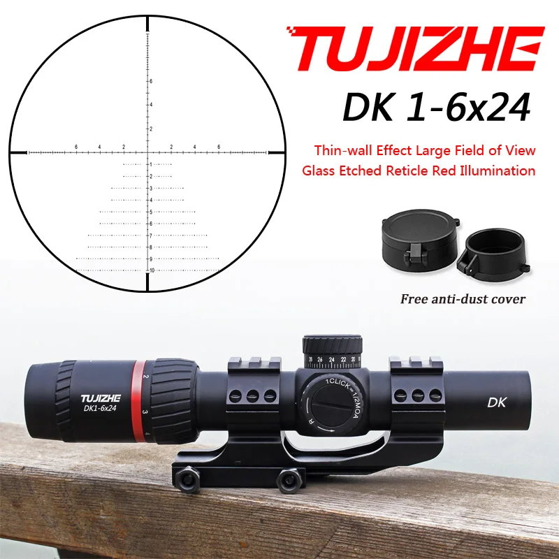 TUJIZHE DK1-6x24 Hunting Shooting Riflescope Optical Sight Compact Rifle Scope Glass Etched Reticle R/G Illumination