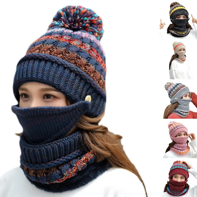 2020 Women Winter 3Pcs Pompom Beanie Hat Circle Scarf Face Mask Set Multicolor Striped Knit Skull Cap Plush Lined Neck Warmer