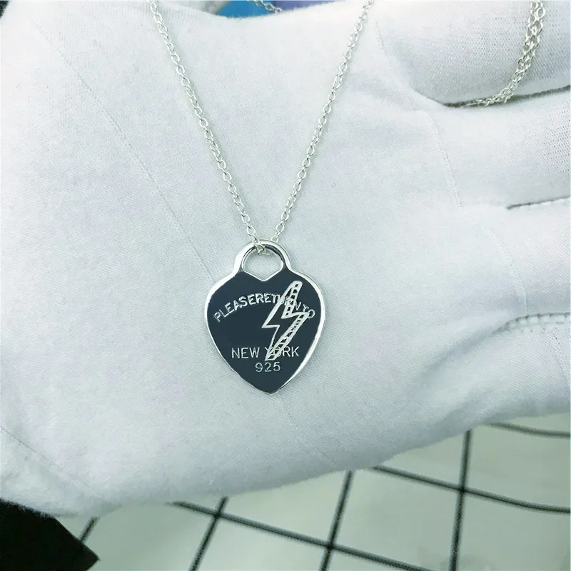 

TIF 925 sterling silver necklace, new lightning graphic original charm heart-shaped pendant jewelry. Classic logo, ladies gift