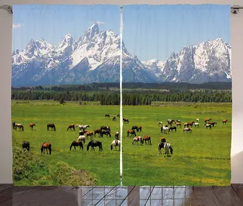 

Horse Window Curtains Grand Teton National Park Snowy Mountains Fresh Greenery Trees Animals Living Room Bedroom Decor Curtain