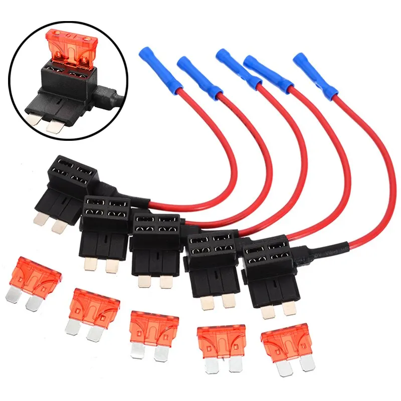 12/24V Regular ATO ATC Blade Fuse Holder Tap Dual Add a Circuit Vehicle w/ 5A 7.5A 10A 15A 20A