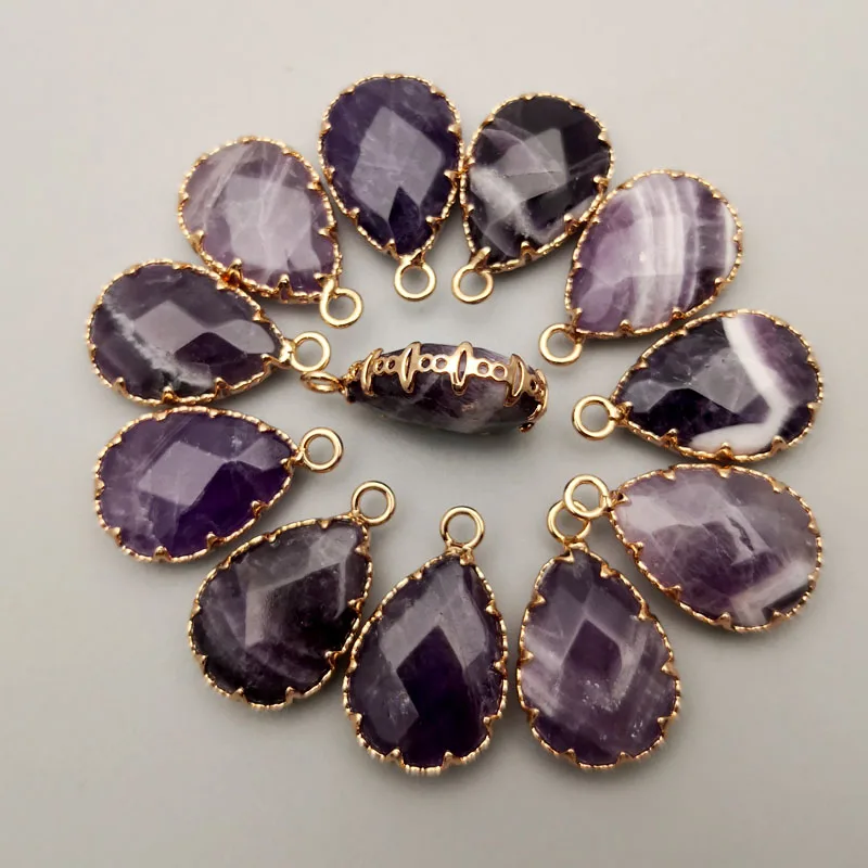 Fashion 12pcs Amethysts natural Stone Gold plated metal connectors for jewelry making Charm Bracelet accessories wholesale