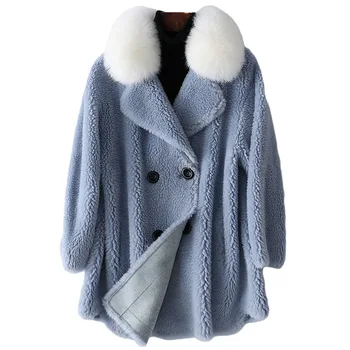 

2020 New Real Fox Fur Collar Sheep Shearling Coats Fashion Women Loose Wool Overcoats Thick Jacket Autumn Winter