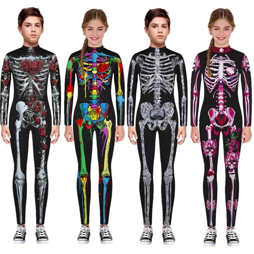 Comprar Nuevo disfraz de Cosplay de miedo de Halloween para niños mono de esqueleto vampiro diablo carnaval fiesta ropa Skull Dress Jumpsuit
