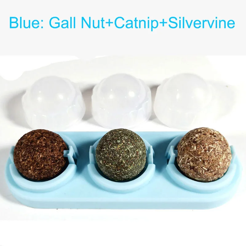 Три упаковки натуральные игрушки для кошек Catnip мячи для лечения самоклеющиеся поворачивающиеся кошачьи стены крепление для игры котов Очищающая игрушка "зубы" - Цвет: Blue