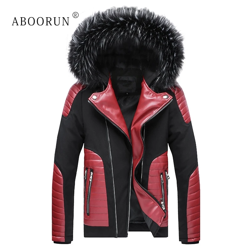 

2019 Big Fur Collar Winter Jackets Men's PU Leather Motorcycle Jackets Casual Thick Warm Coat Parka Male Outerwear